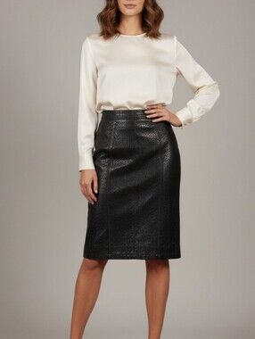 Banana Republic Vintage Animal Print Black Leather Pencil Skirt Size 8